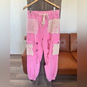 POL  Barbie Pink Patchwork Joggers with Crochet Pockets Size Small